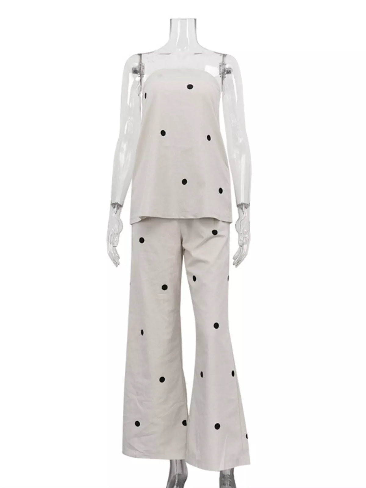 Polka dot tube top and matching pants set by Plush Fashion Hub, featuring a stylish, coordinated outfit with a polka dot pattern.
