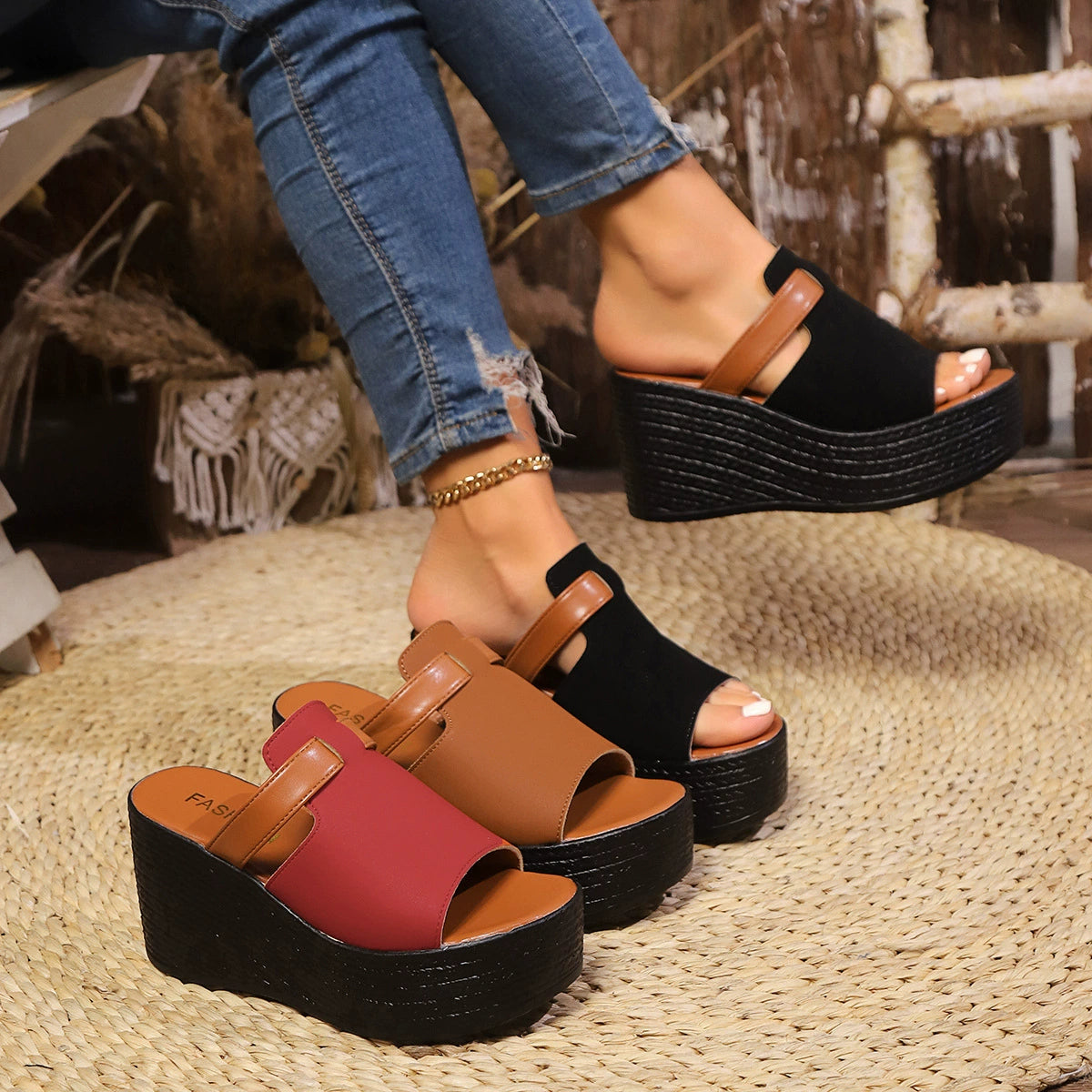 Women's open toe PU leather wedge sandals with high heels from Plush Fashion Hub, showcasing stylish footwear design.