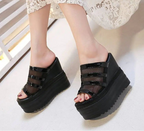 Women wedge heel platform sandals and rhinestone slippers with stylish straps, ideal for summer fashion.