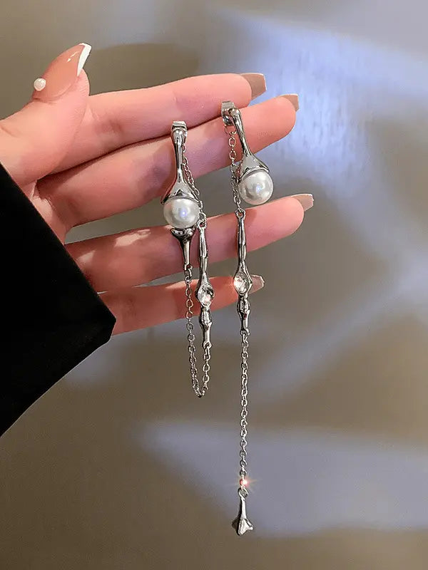 A two-piece pearl chain asymmetric rhinestone tassel long earring Plush Fashion Hub
