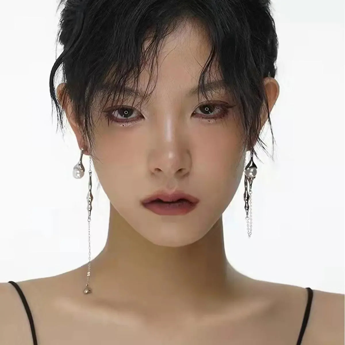 A two-piece pearl chain asymmetric rhinestone tassel long earring - Plush Fashion Hub