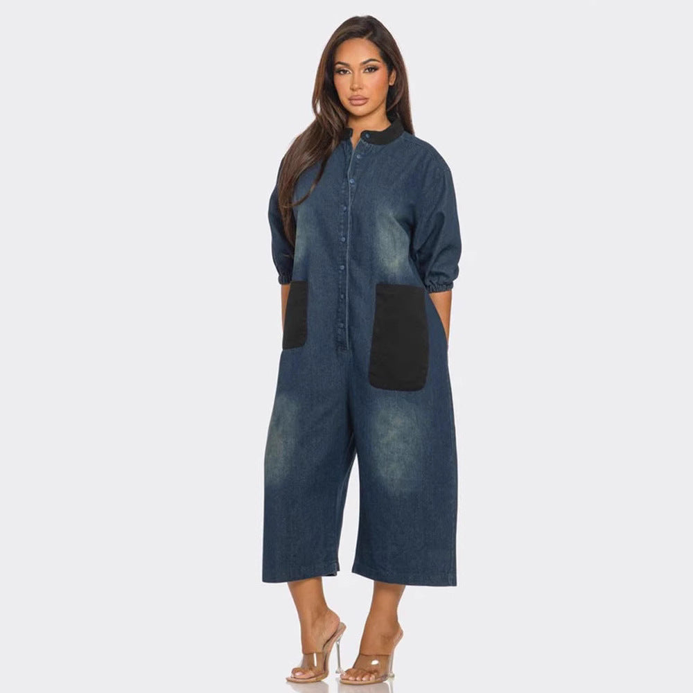 Color-Block Patchwork Denim Wide-Leg Jumpsuit