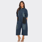 Color-Block Patchwork Denim Wide-Leg Jumpsuit