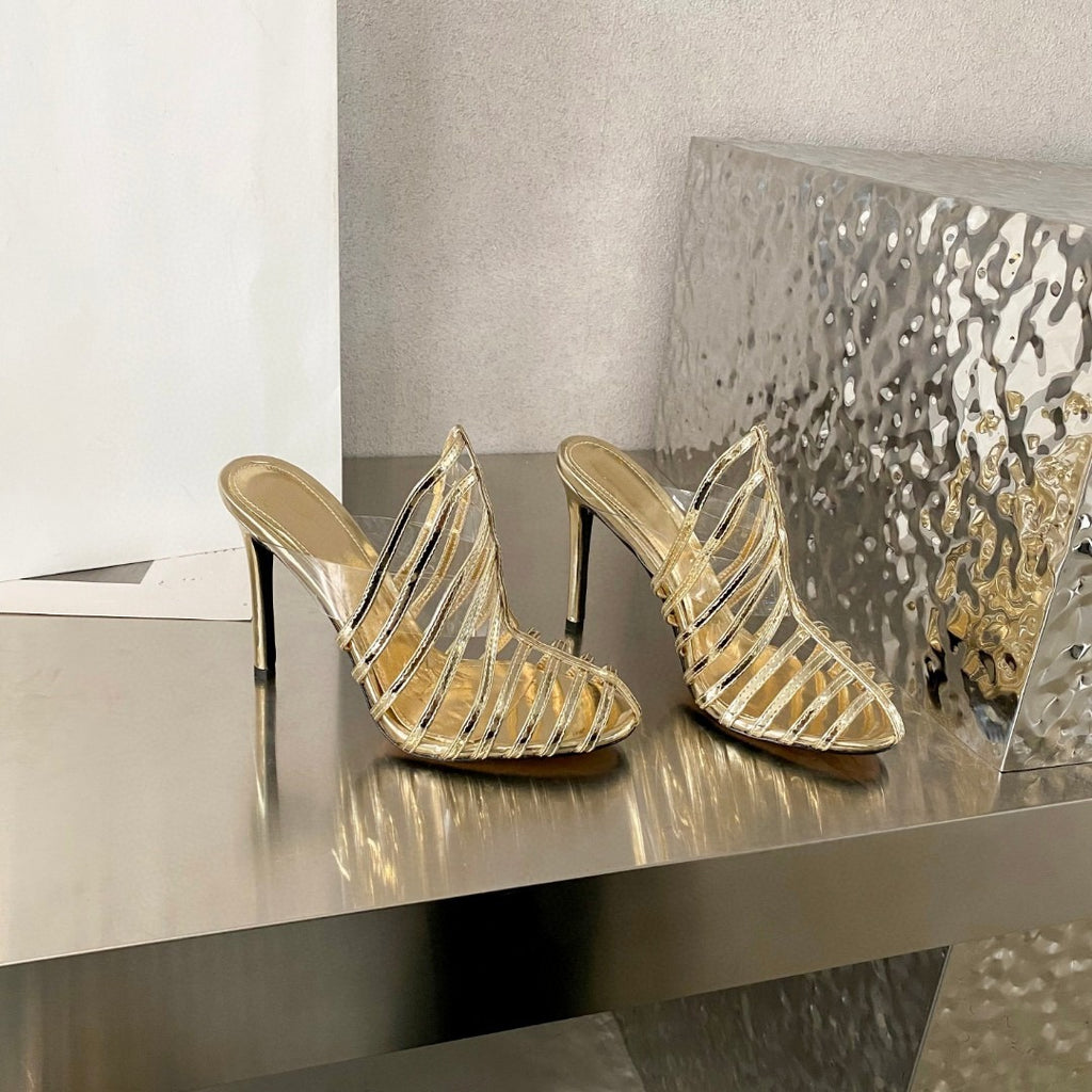 Elegant genuine sheepskin high heels with metal accents, sleek design, and stylish heel for formal or casual wear.