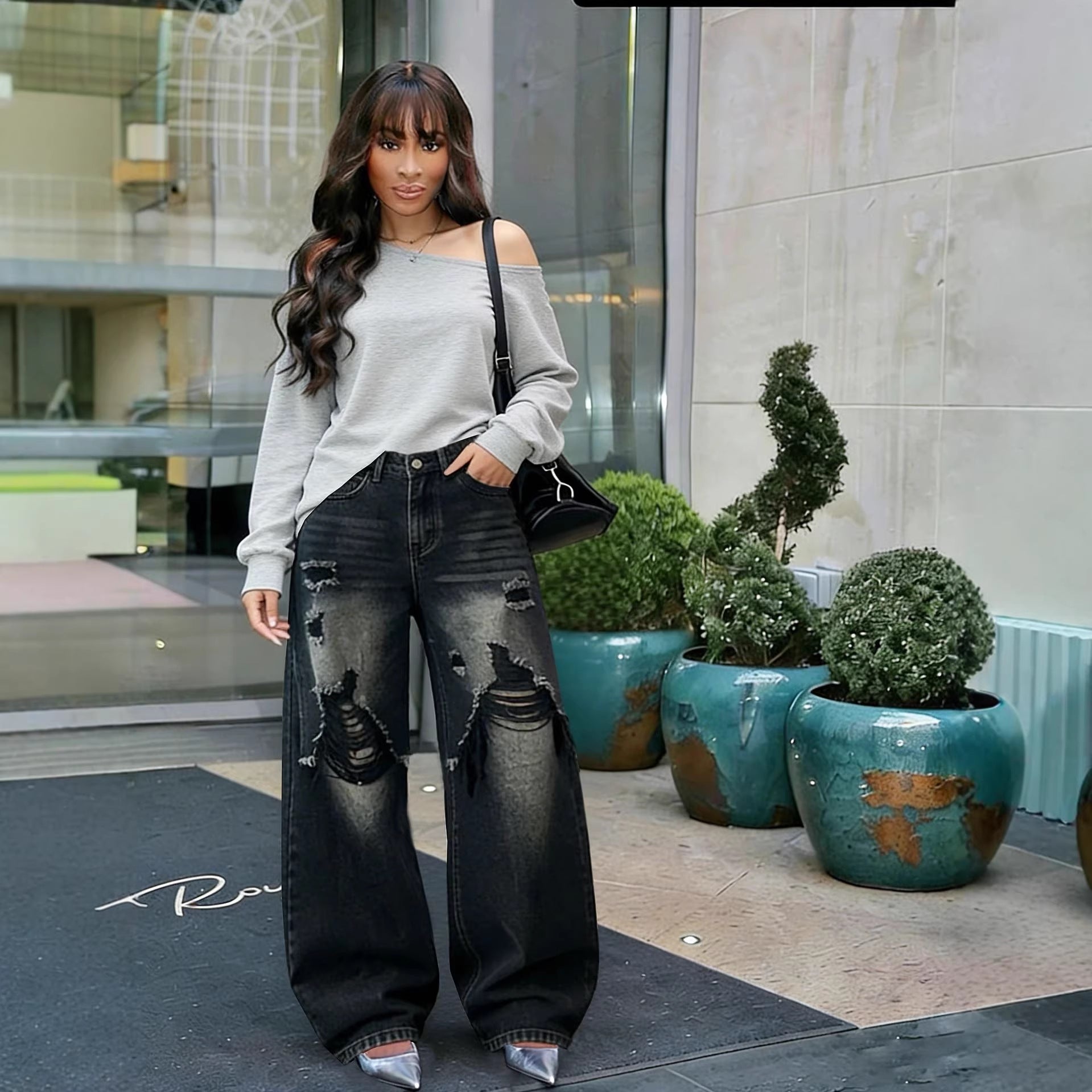 Layered Patchwork Ripped Washed Straight Leg Jeans