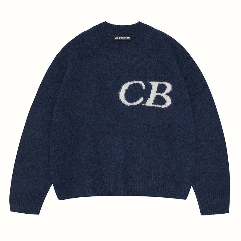 Unisex oversized crew neck sweater from Plush Fashion Hub featuring a knit CB letter design in casual, relaxed style.