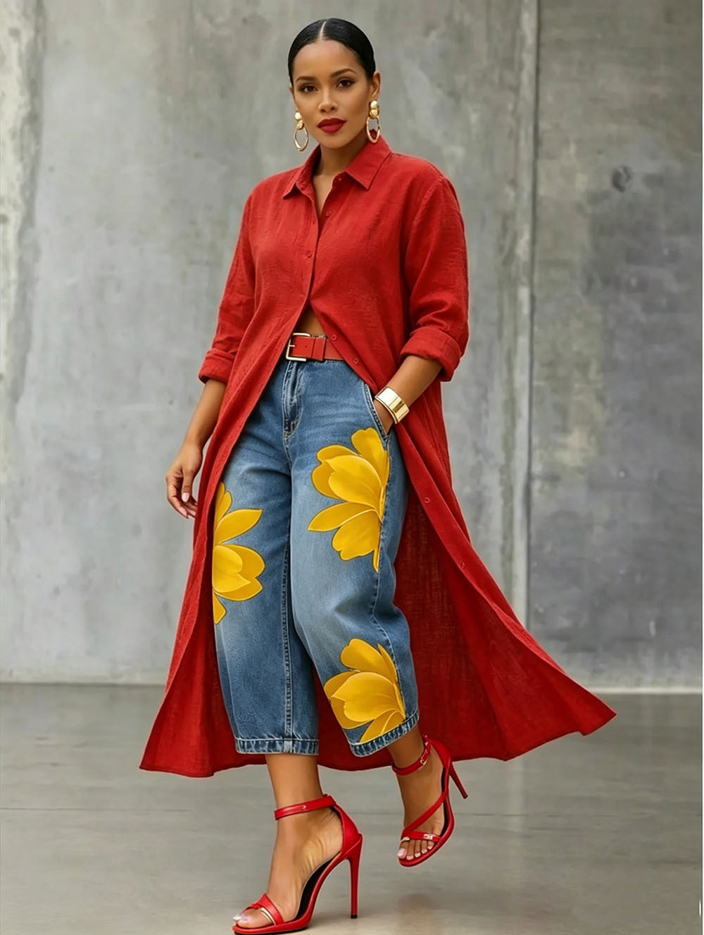 Women’s floral printed cropped denim jeans by Plush Fashion Hub, featuring a stylish streetwear look with vibrant floral patterns.