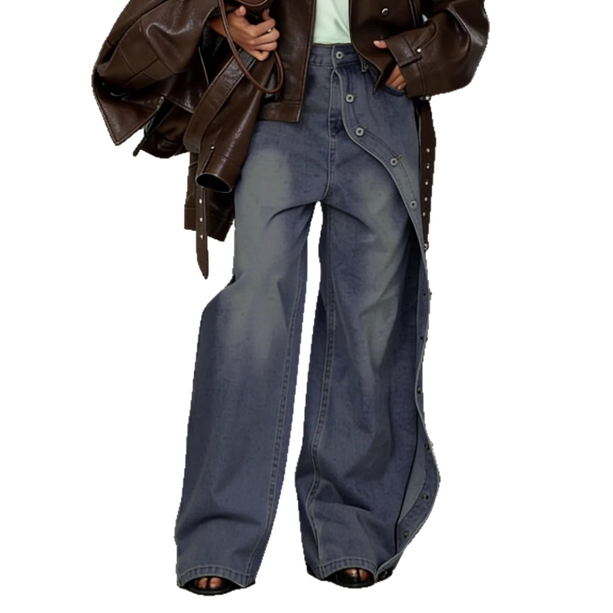 Washed denim straight-leg jeans with multiple buttons from Plush Fashion Hub, showcasing classic blue jeans with button details.