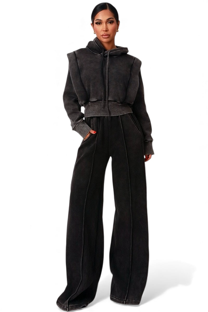 Plush Fashion Hub crop hoodie and wide-leg sweat suit set, comfortable two-piece casual outfit, gray with relaxed fit.