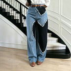Unique Color Block Patchwork Heart Raw Hem Jeans