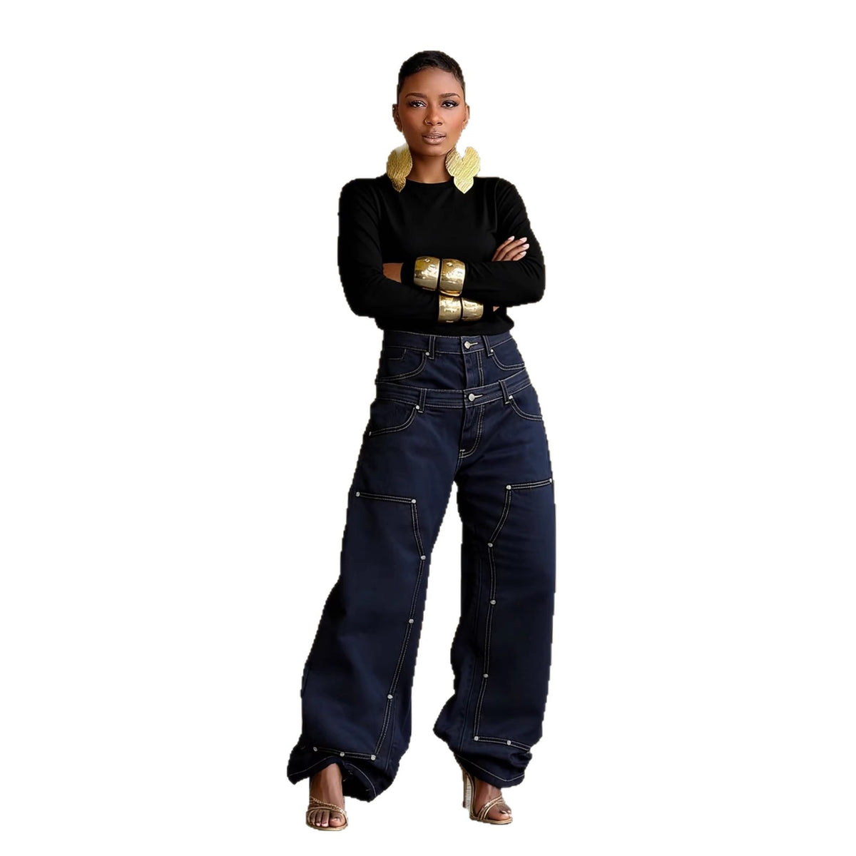 Plush Fashion Hub double waistband rivet spliced denim jeans showing stylish distressed spliced design and classic blue denim fabric.