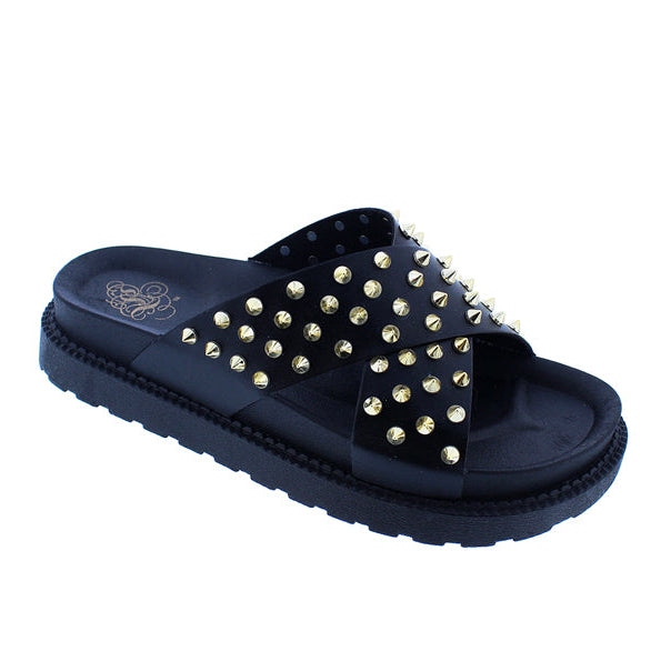 Black plush footwear from Plush Fashion Hub with a stylish design, shown from an angled side view.