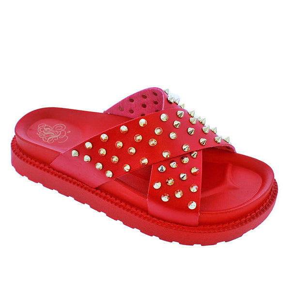 Red plush fashion footwear by Plush Fashion Hub, angled view showing soft, stylish design and comfortable sole.
