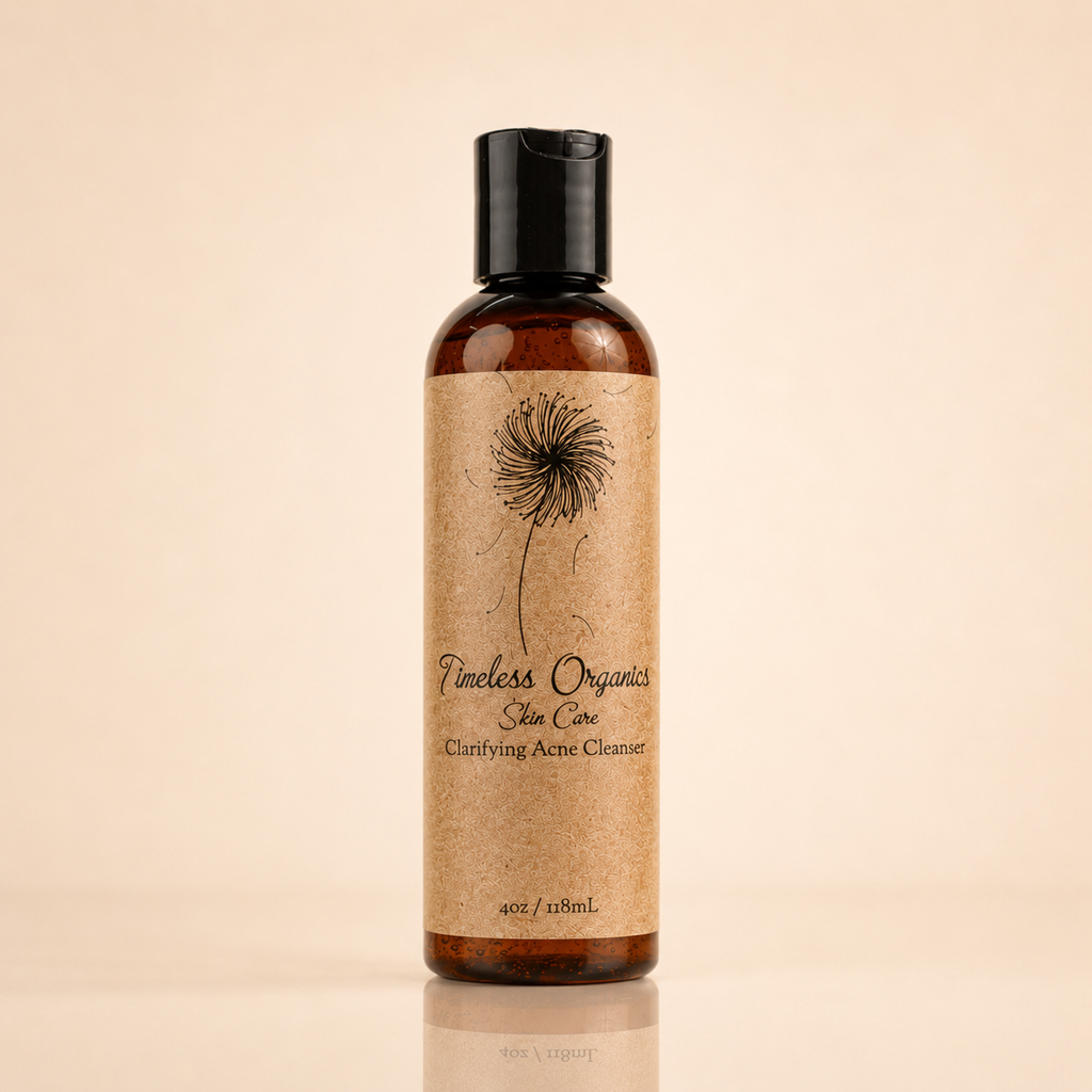 Timeless Organics Skin Care Clarifying Acne Cleanser in a white pump bottle with a clear label, designed for acne-prone skin.