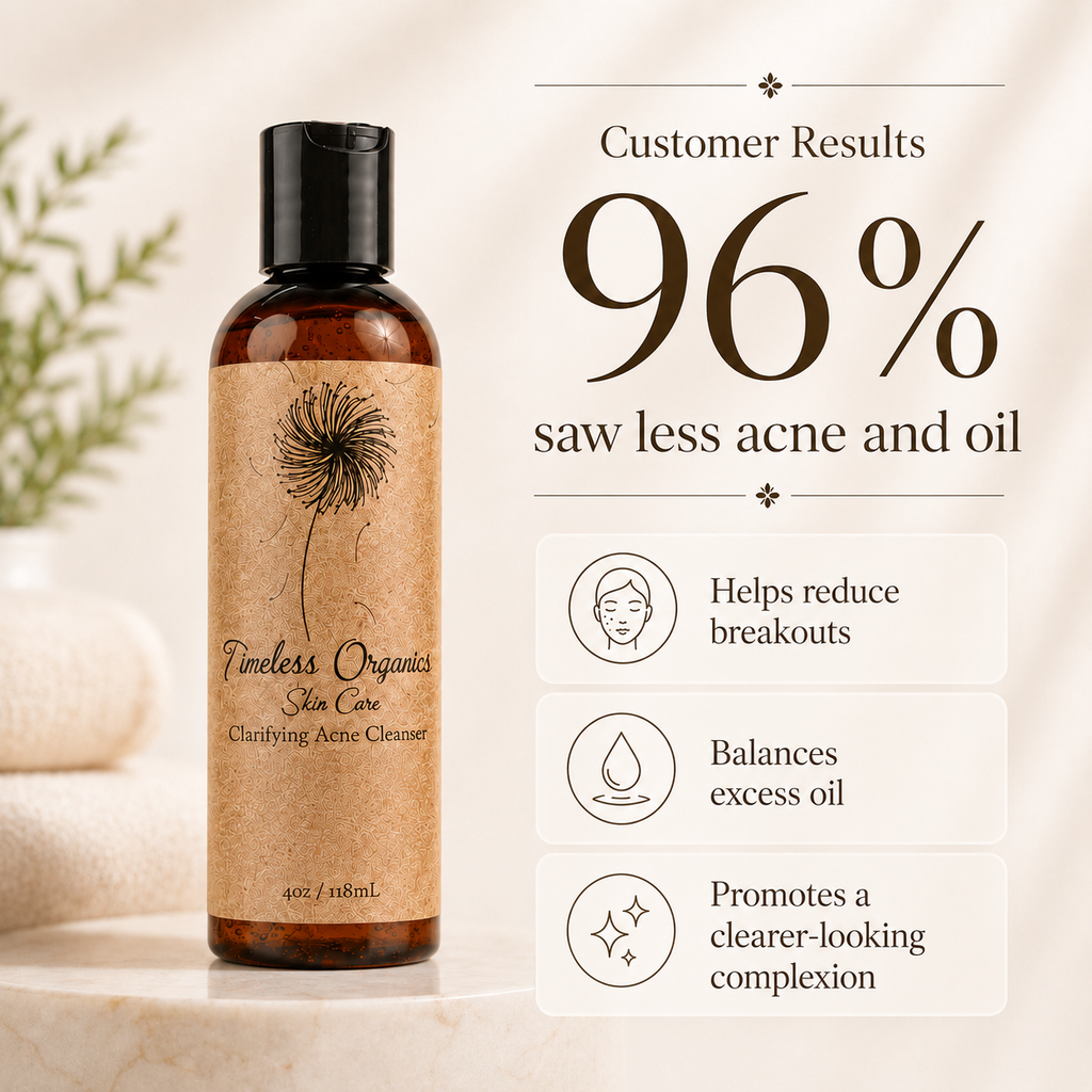 Timeless Organics Skin Care Clarifying Acne Cleanser in a pump bottle, with foaming cleanser and natural ingredients.