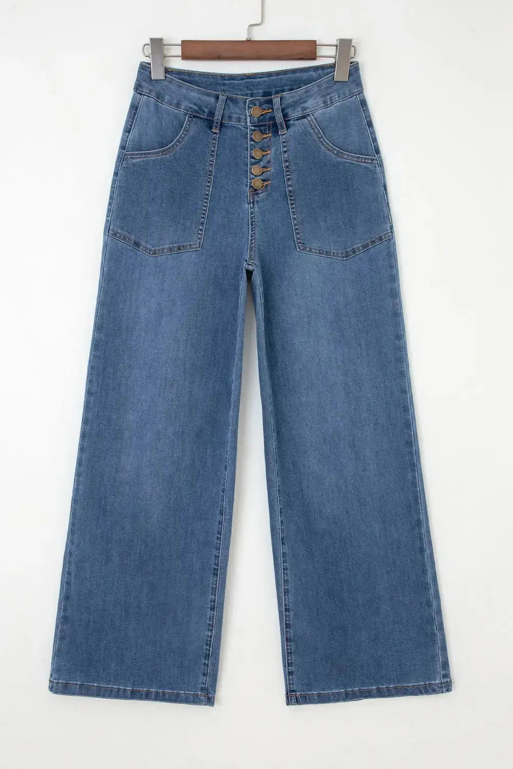 Light blue Aleah waist-wide leg jeans by Threaded Pear, showcasing a relaxed fit and classic denim style.