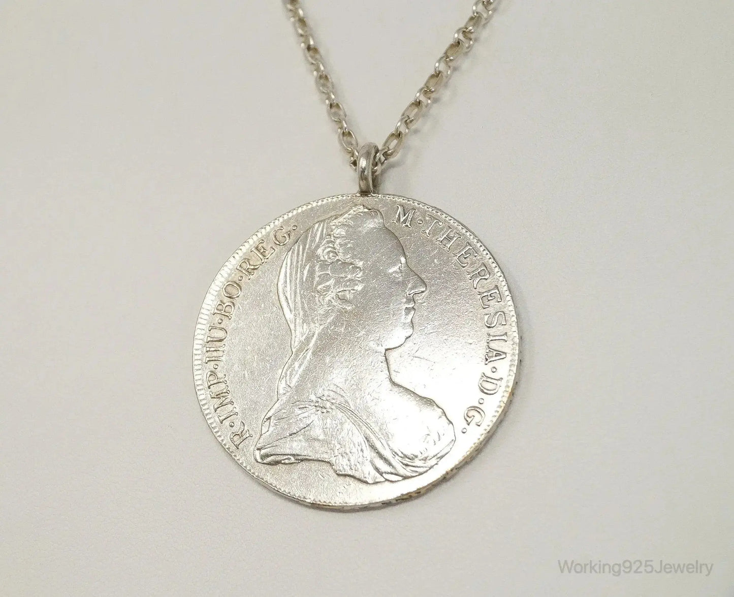 Antique 1780 M. Theresia Austrian Silver Thaler Coin Necklace - Plush Fashion Hub