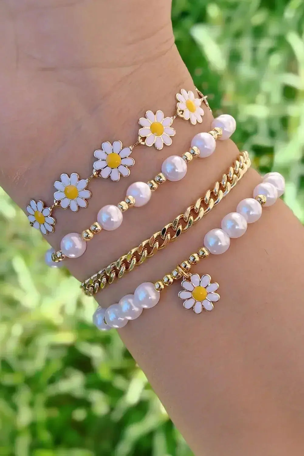 April beaded chain bracelet set by Threaded Pear featuring multiple beaded bracelets with delicate chain details.