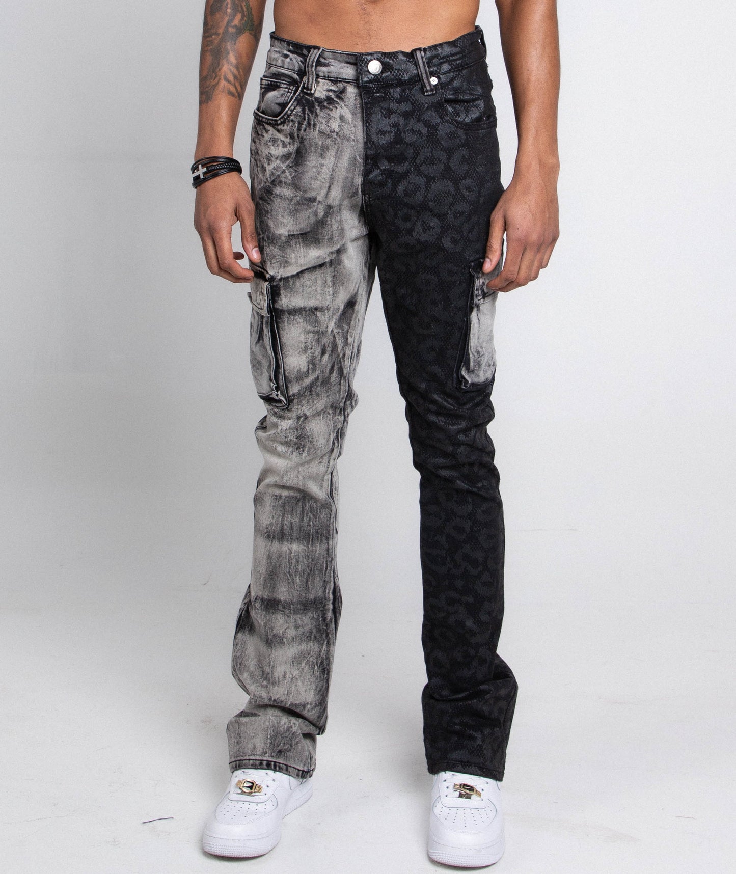 Black lace stacked jeans from Plush Fashion Hub featuring stylish layered denim design and a slim fit silhouette.