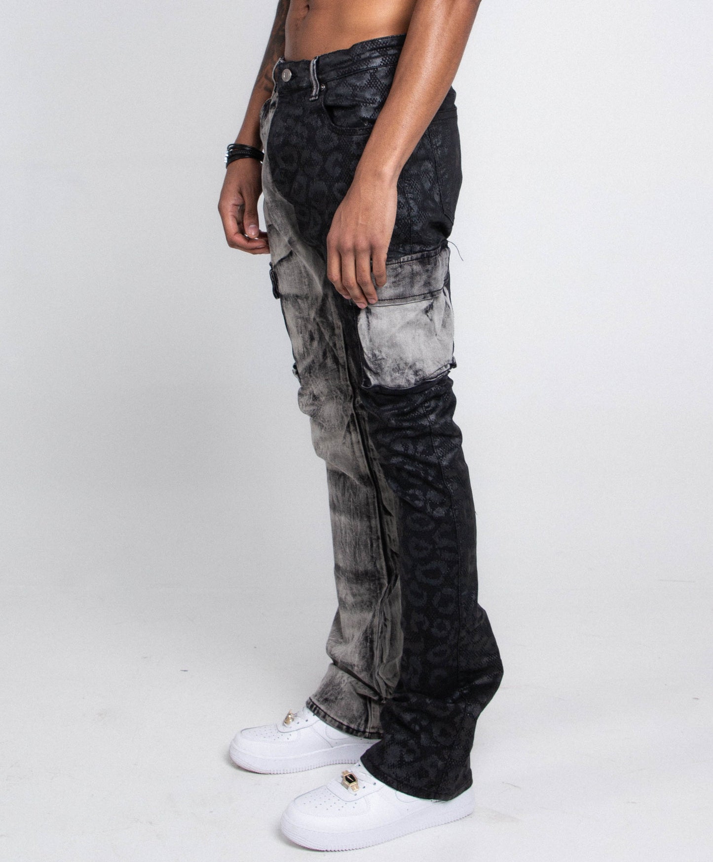 Black lace stacked jeans by Plush Fashion Hub featuring distressed denim and layered lace details on the legs.