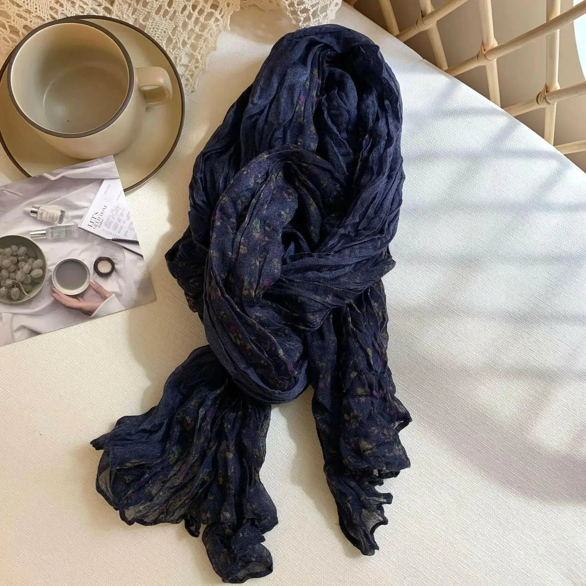 Women’s vintage floral cotton linen scarf with retro print, soft breathable wrap from Plush Fashion Hub displayed on a neutral background.