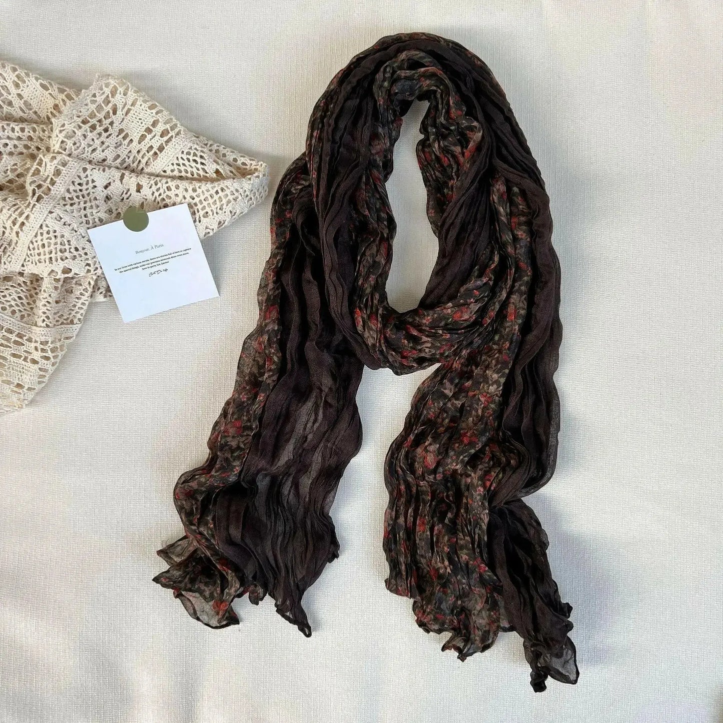 Women's vintage floral cotton linen scarf featuring retro print, soft breathable fabric, ideal for stylish wrap or accessory.