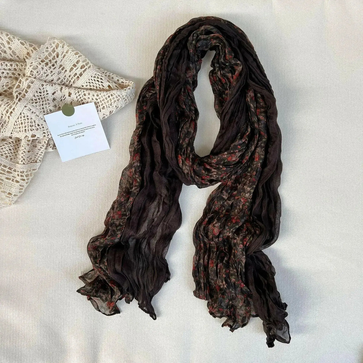 Women’s vintage floral cotton linen scarf with retro print, breathable wrap for women by Plush Fashion Hub.