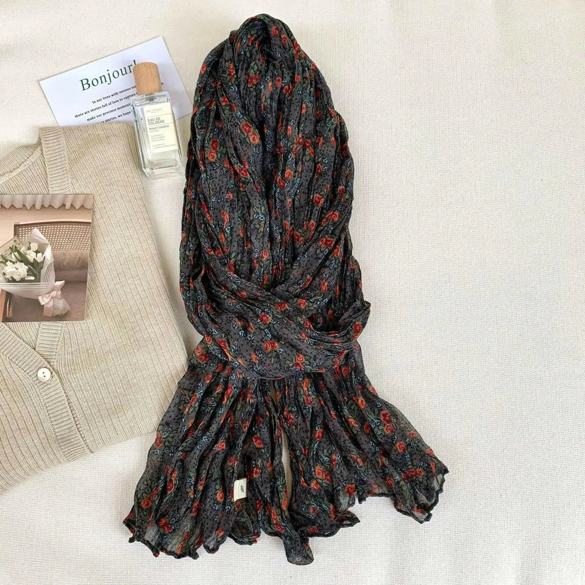Women’s vintage floral cotton linen scarf featuring breathable retro print, soft fabric, and stylish wrap design by Plush Fashion Hub.