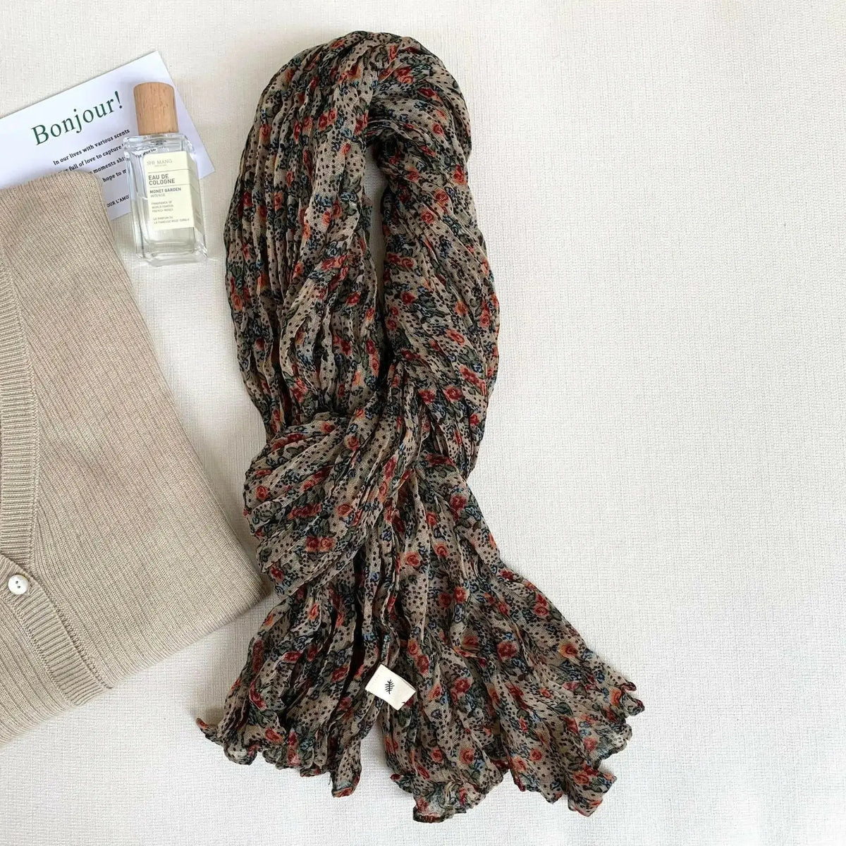 Women’s vintage floral cotton linen scarf with retro print, soft breathable wrap from Plush Fashion Hub.