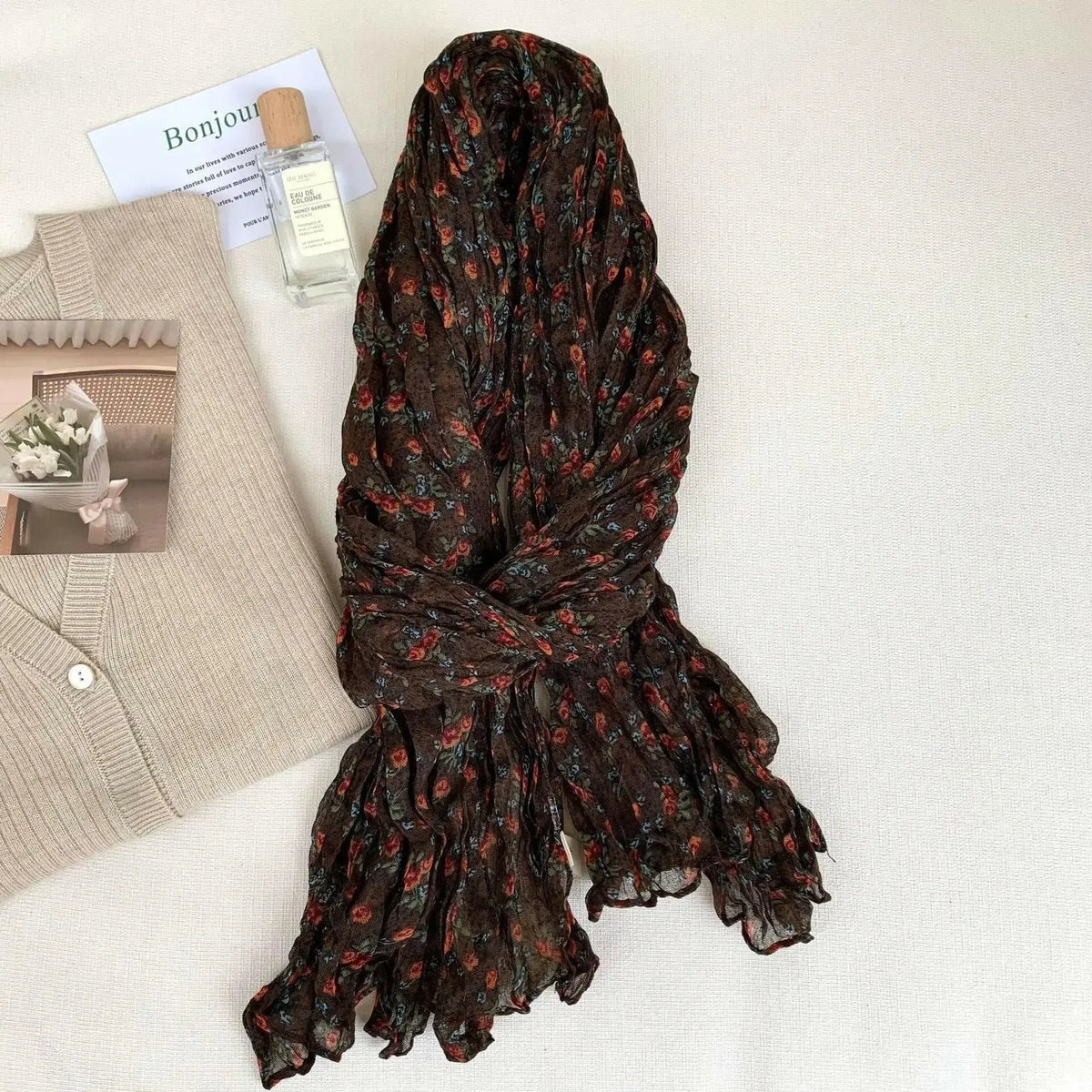 Women’s vintage floral cotton linen scarf with retro print, soft breathable wrap by Plush Fashion Hub, ideal for stylish accessorizing.