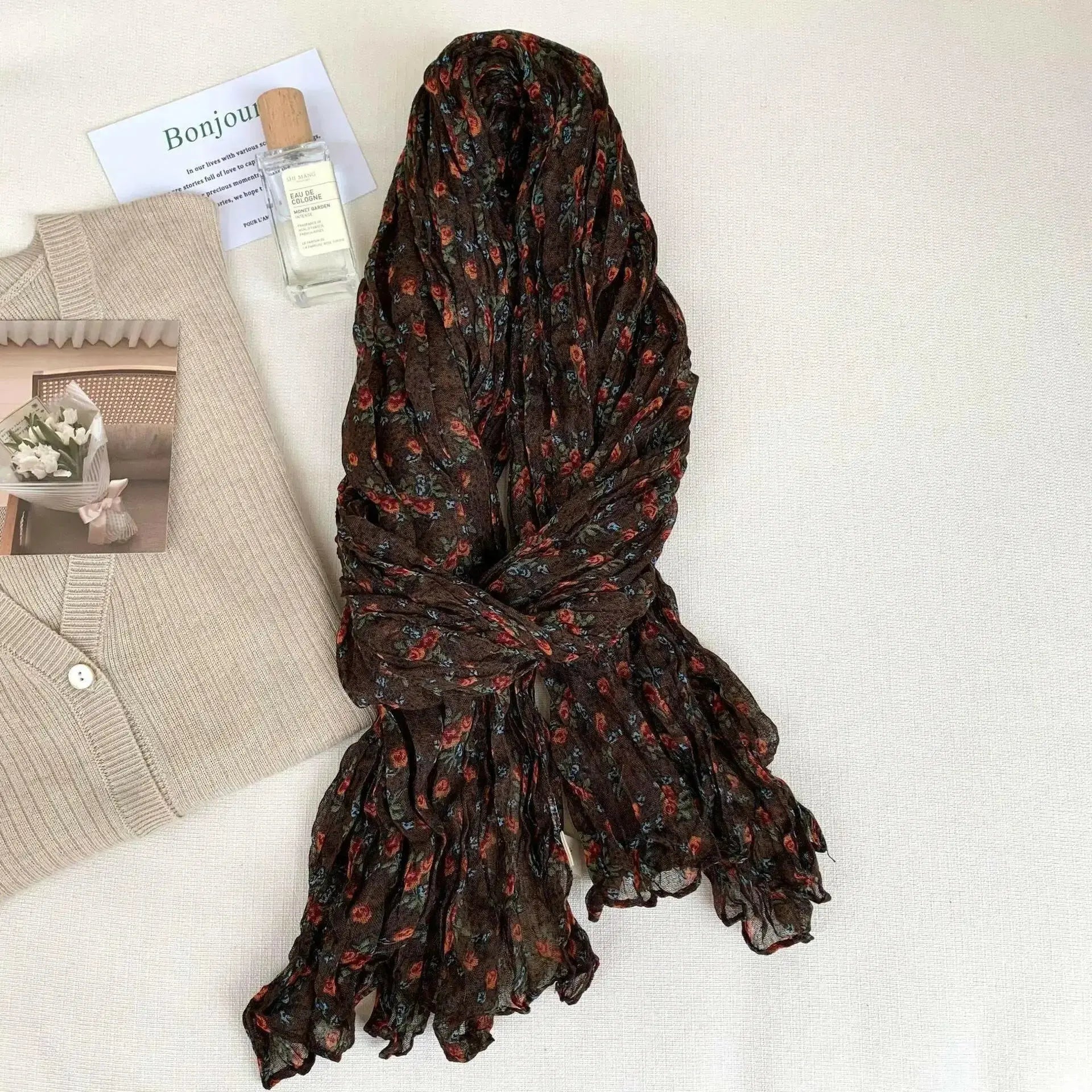 Women's vintage floral cotton and linen scarf with retro print, soft and breathable wrap by Plush Fashion Hub.