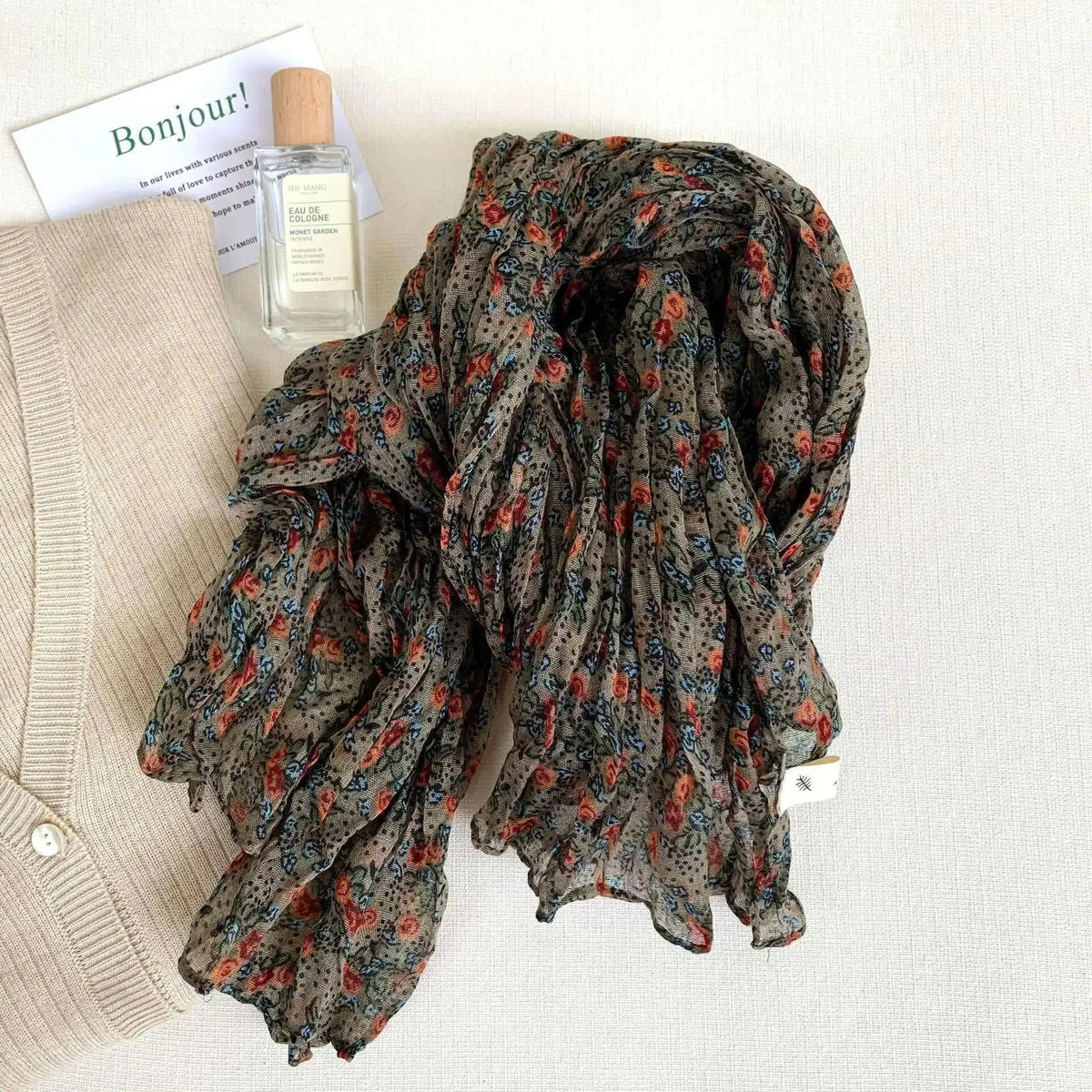 Women’s vintage floral cotton linen scarf with retro print, breathable and soft, from Plush Fashion Hub.