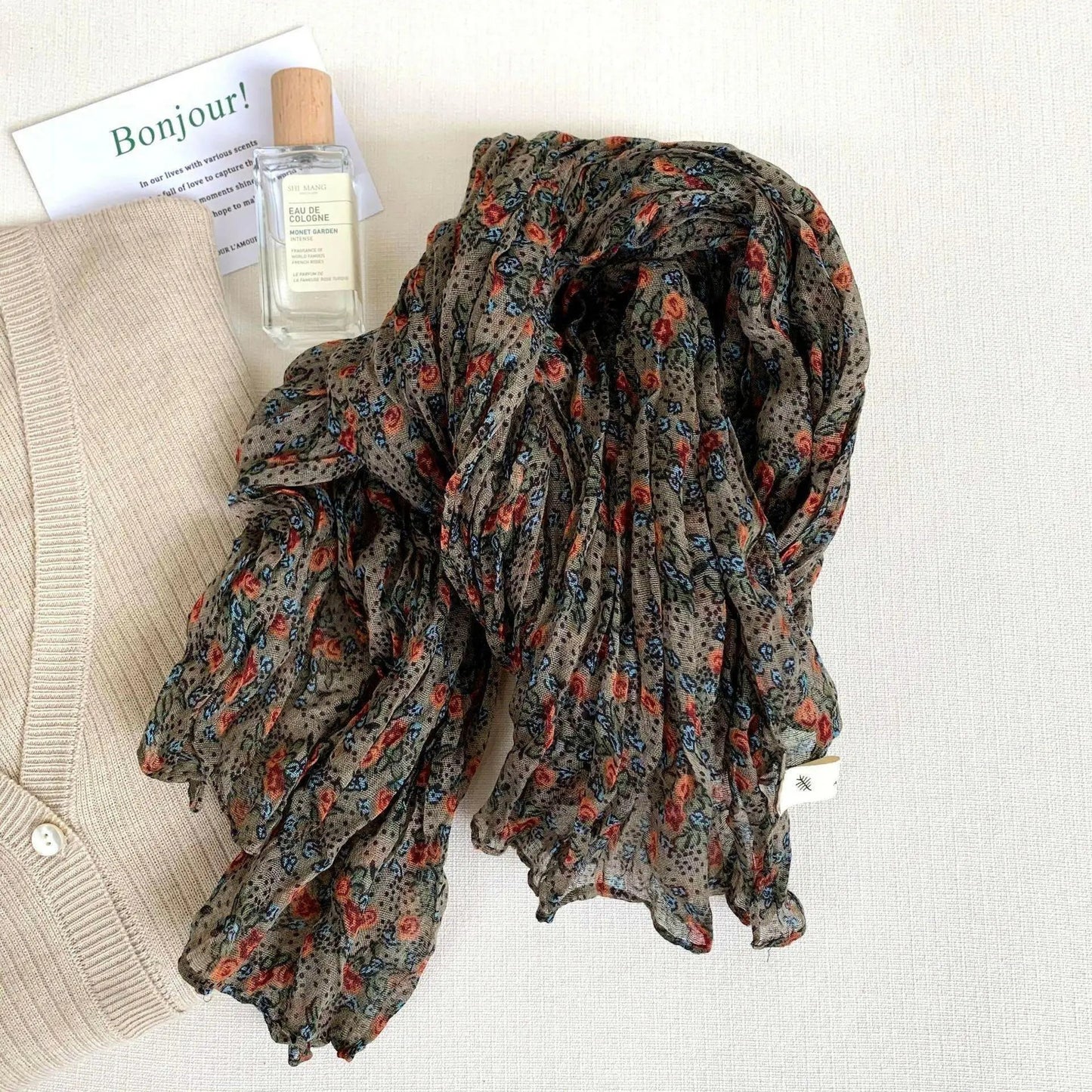 Artistic Retro Soft Small Floral Vintage Cotton And Linen Scarf For Women.