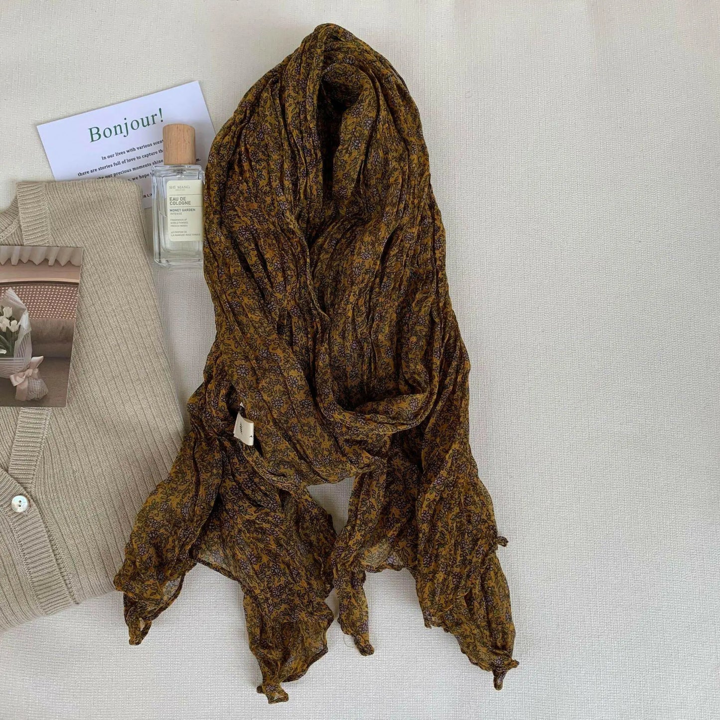 Artistic Retro Soft Small Floral Vintage Cotton And Linen Scarf For Women - Plush Fashion Hub