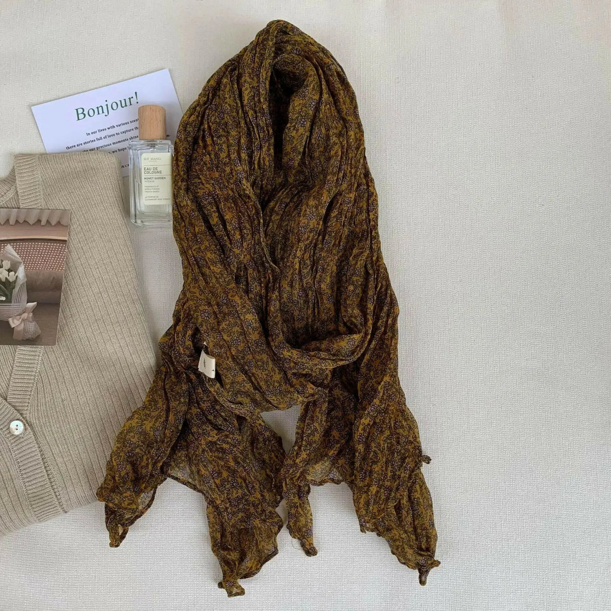 Women’s vintage floral cotton linen scarf with retro print, soft and breathable wrap for stylish comfort by Plush Fashion Hub.