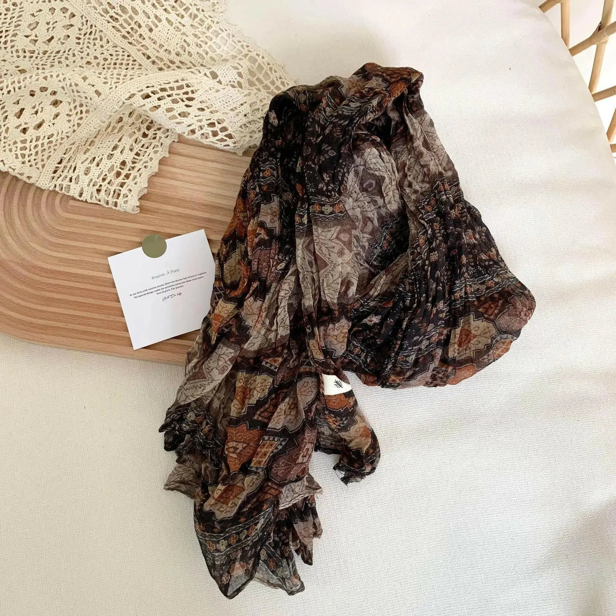 Women’s vintage floral cotton and linen scarf with retro print, breathable wrap by Plush Fashion Hub.