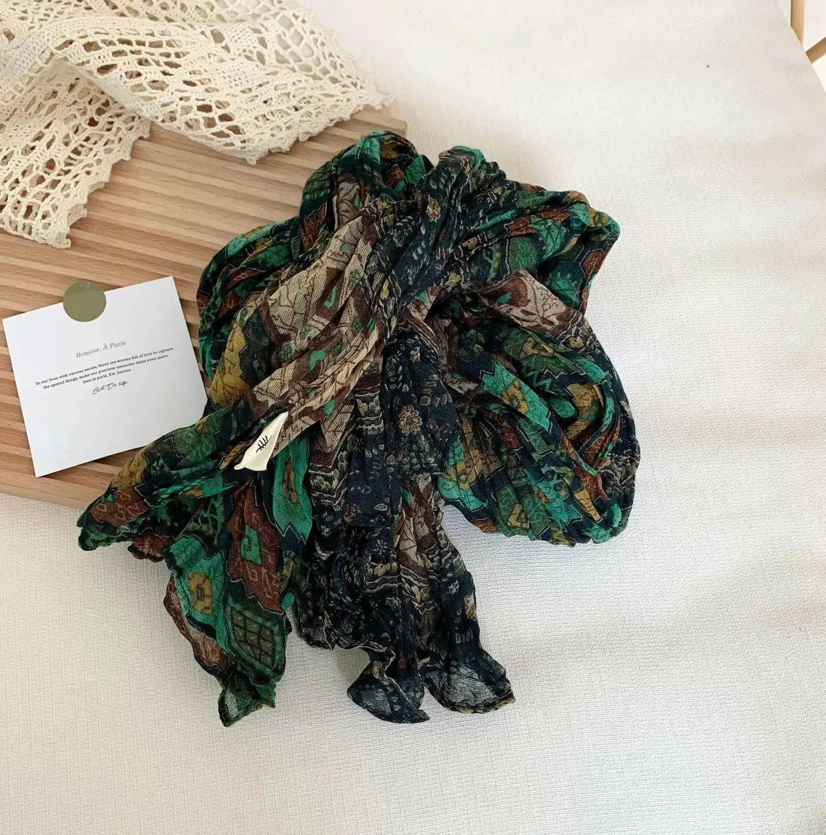 Women’s vintage floral cotton and linen scarf with retro print, breathable wrap from Plush Fashion Hub.