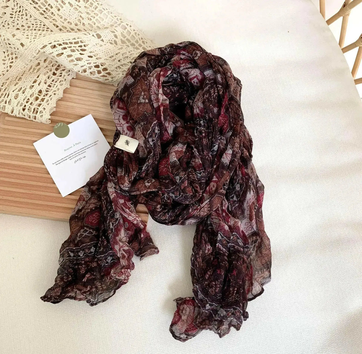Women’s vintage floral cotton linen scarf with retro print, breathable soft fabric, stylish wrap by Plush Fashion Hub.