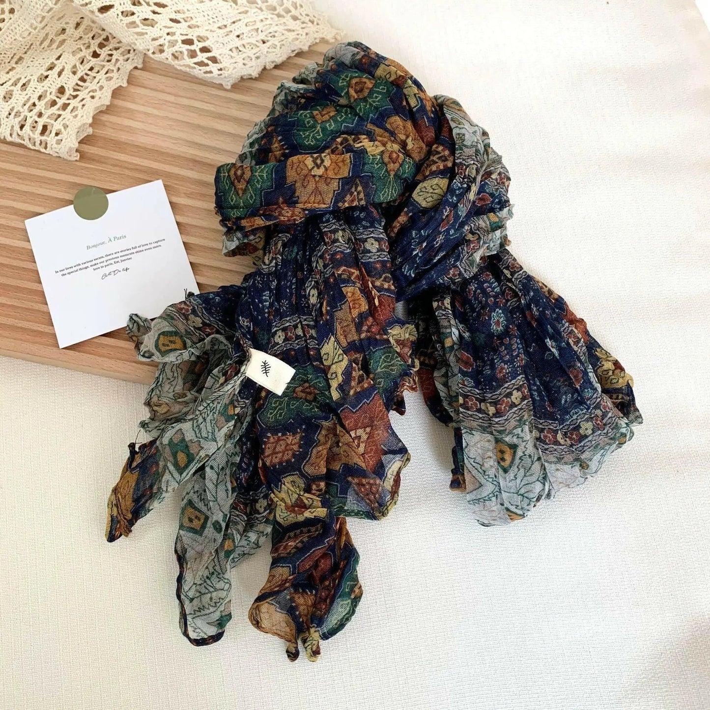 Artistic Retro Soft Small Floral Vintage Cotton And Linen Scarf For Women.