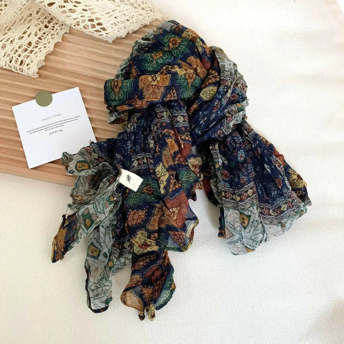 Women’s vintage floral cotton linen scarf with retro print, breathable and soft, from Plush Fashion Hub.