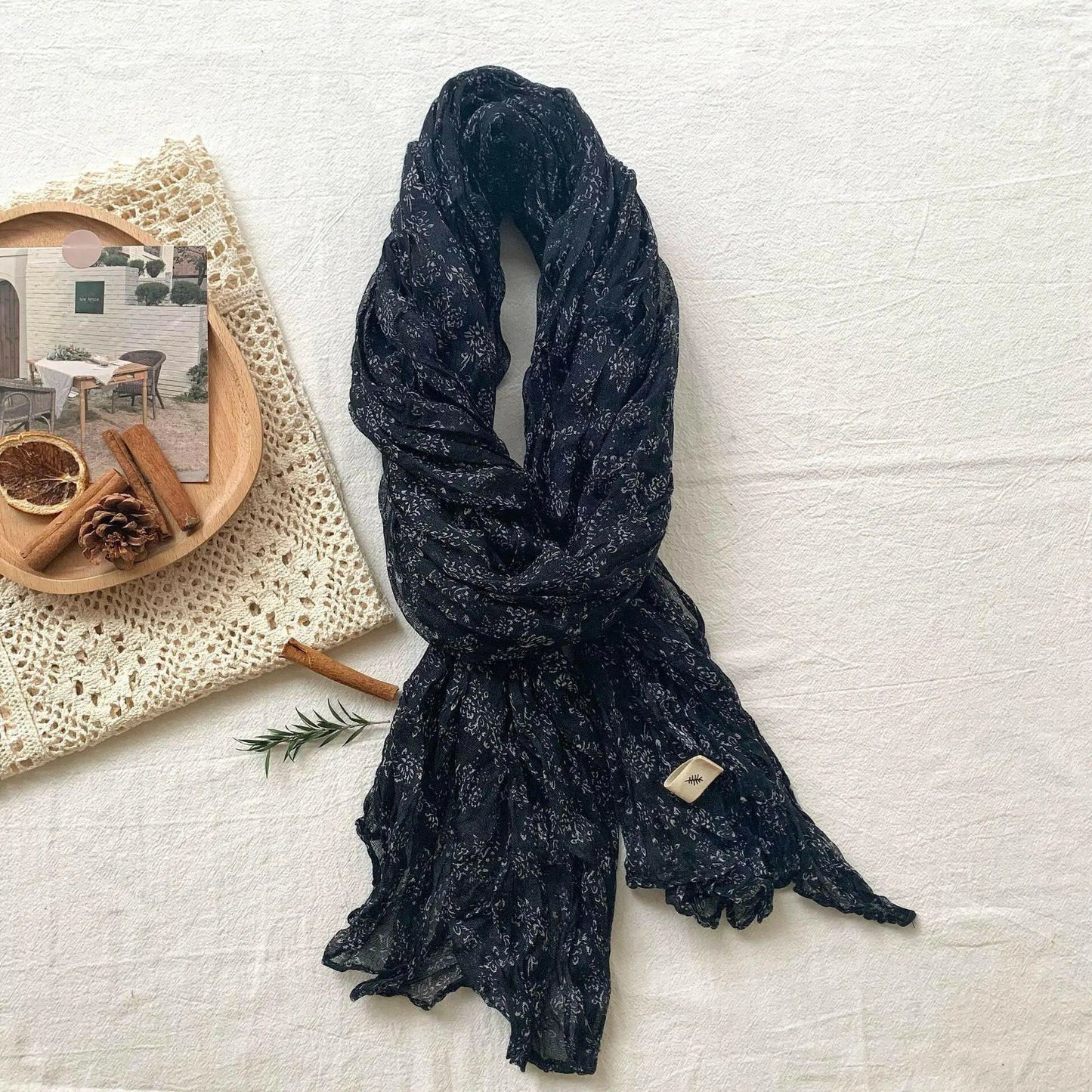 Artistic Retro Soft Small Floral Vintage Cotton And Linen Scarf For Women - Plush Fashion Hub