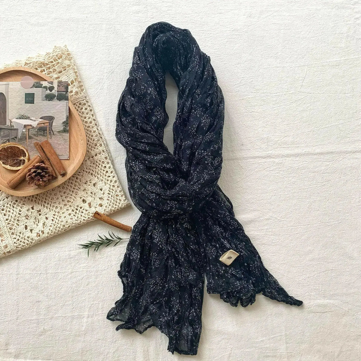 Women’s vintage floral cotton and linen scarf with retro print, breathable wrap, by Plush Fashion Hub.