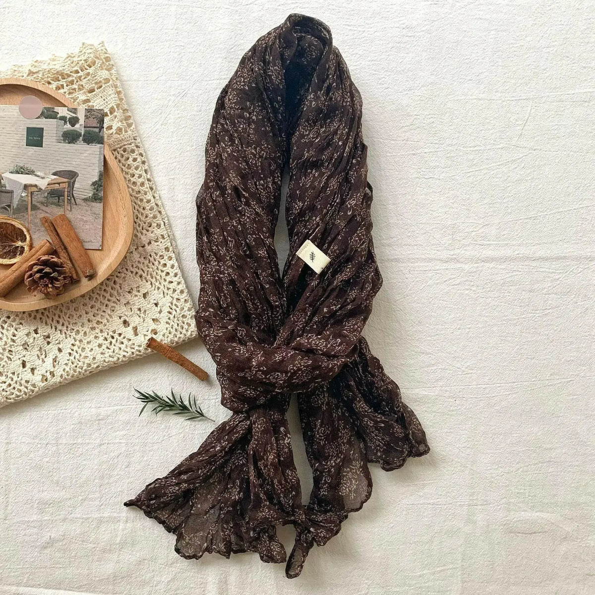 Women’s vintage floral cotton and linen scarf with retro print, breathable and soft, from Plush Fashion Hub.
