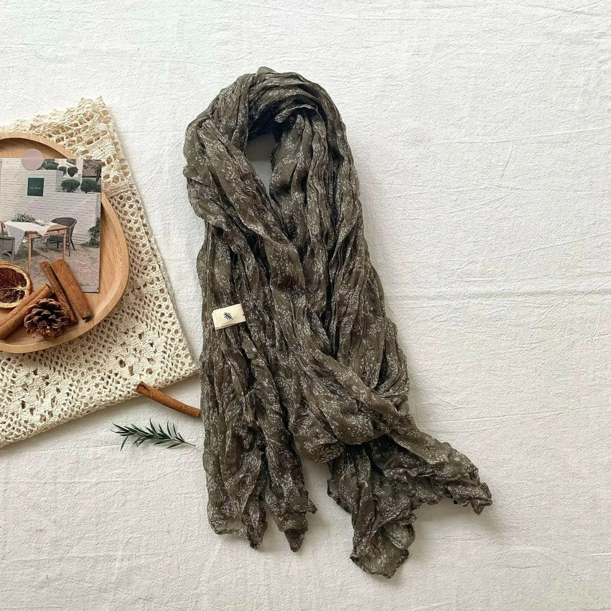 Women’s vintage floral cotton linen scarf with retro print, breathable and soft, by Plush Fashion Hub.