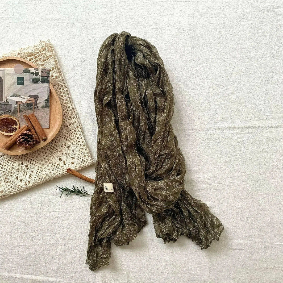 Women’s vintage floral cotton linen scarf with retro print, soft breathable wrap by Plush Fashion Hub.