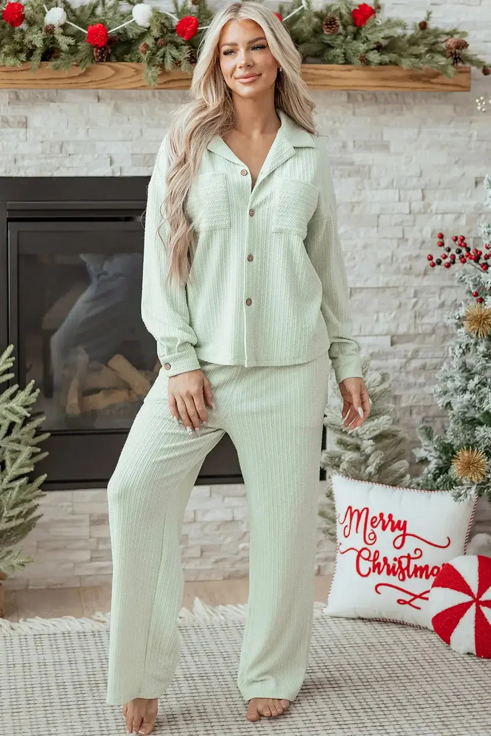 Aspen textured patched pant set by Threaded Pear, featuring a stylish, textured fabric and patchwork design for a modern look.