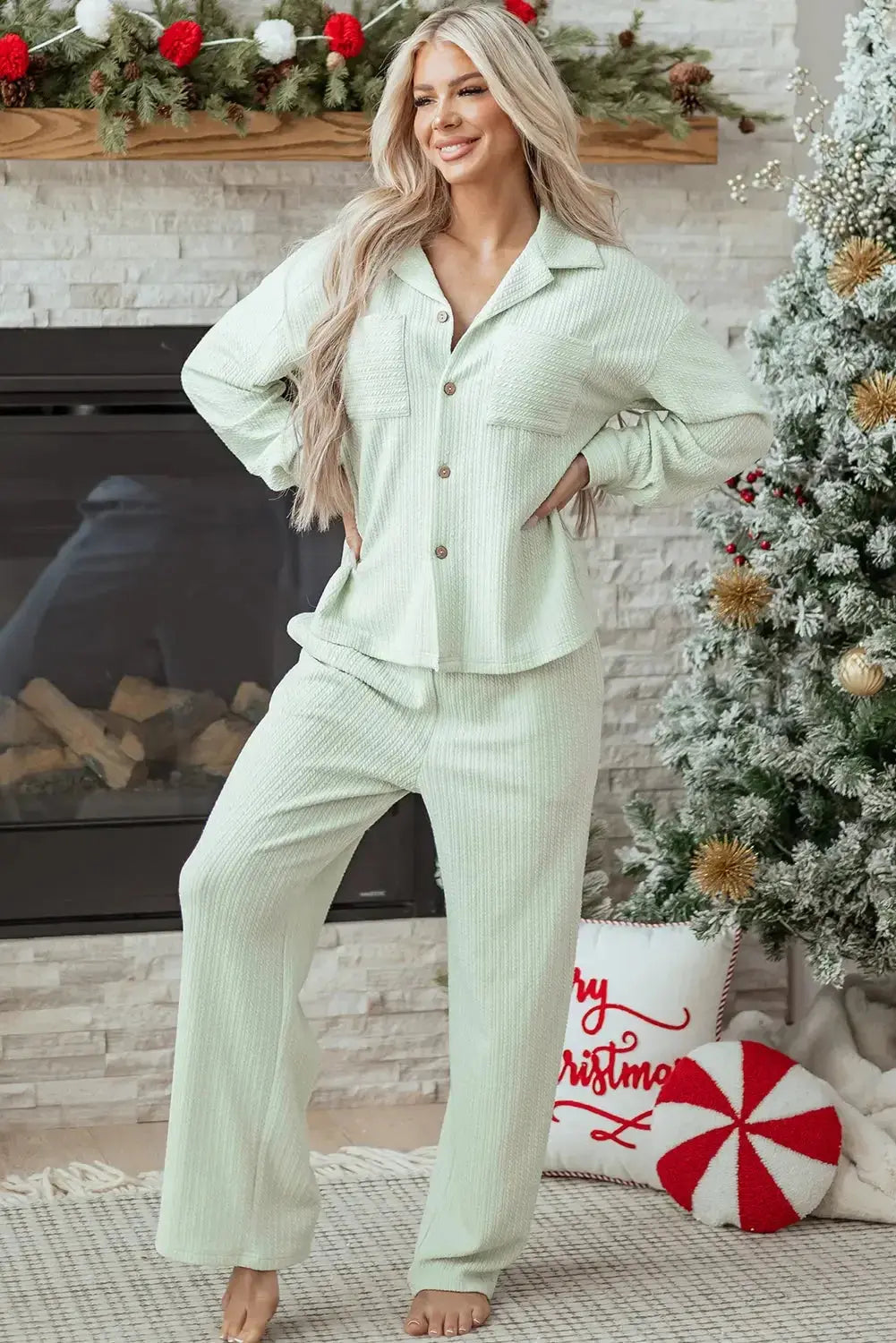 Threaded Pear Aspen Textured Patched Pant Set featuring patchwork design and comfortable fit.