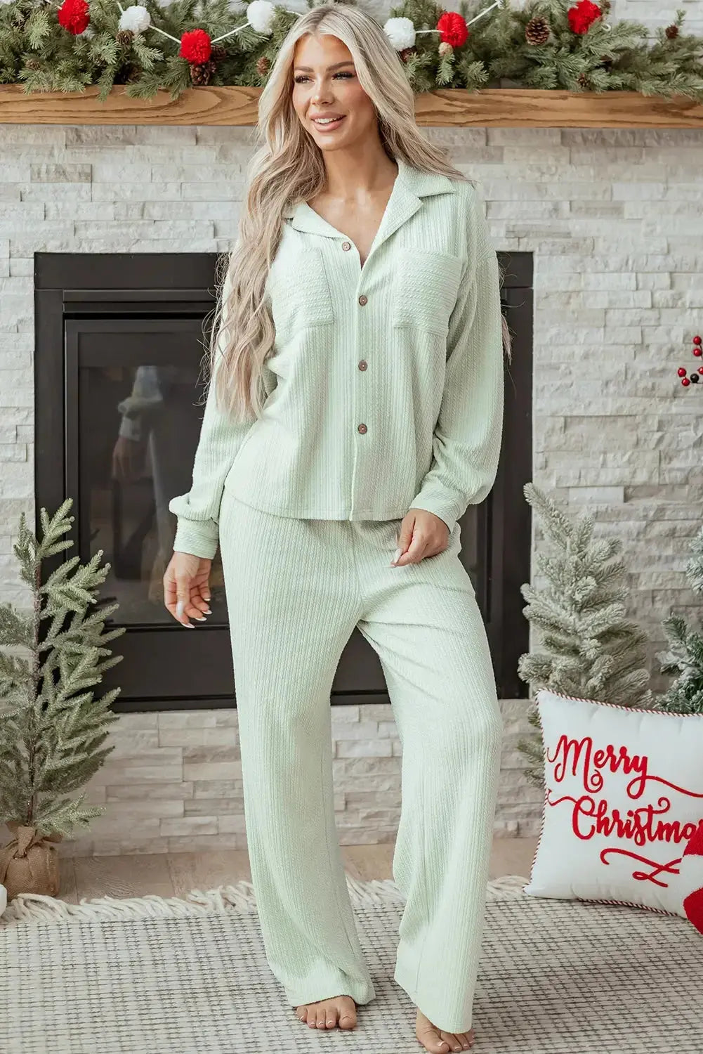 Threaded Pear Aspen Textured Patched Pant Set featuring mixed fabric patches and a relaxed fit, perfect for casual wear.