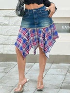 Asymmetric plaid hem denim skirt with functional pockets by Trendsi, styled with casual and trendy details.