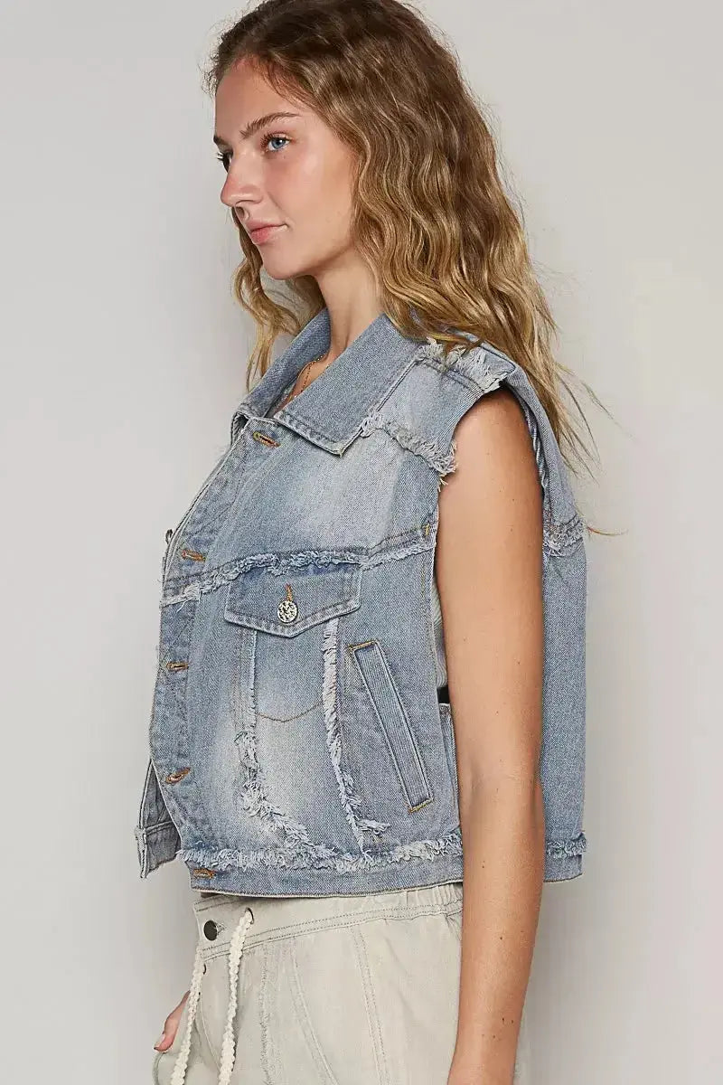 Distressed asymmetrical denim vest with raw hem, sleeveless jean jacket by Plush Fashion Hub, casual streetwear style.